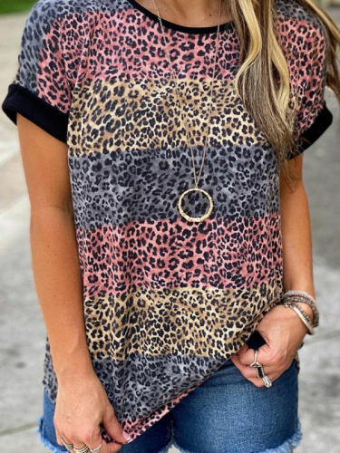 Women's Casual Leopard Cheetah Print Color Matching Crew Neck T-Shirt Top