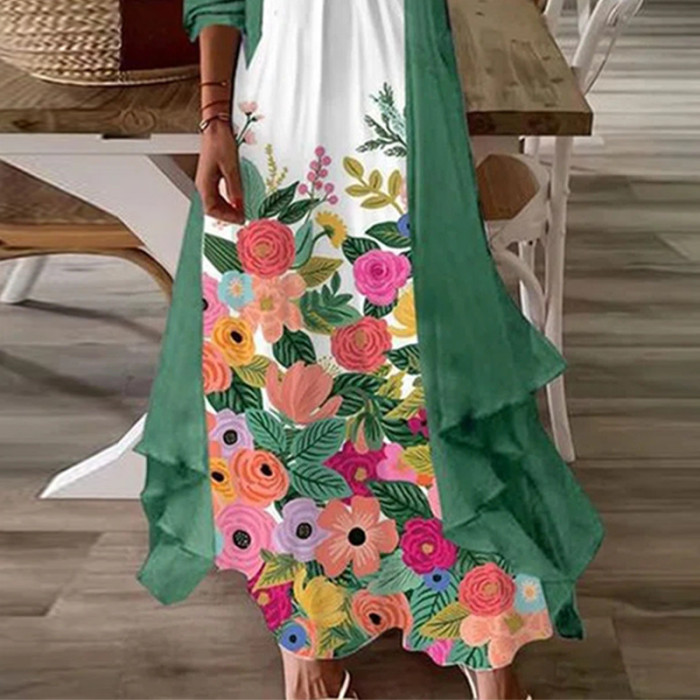 Floral V-Neck Maxi Sling Dress and Green Long Sleeve Cardigan Two Piece Set