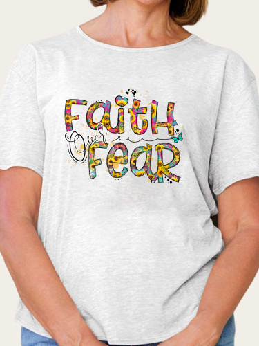 Faith Over Fear  Flower Print Christan T-Shirt Women's Short Sleeve Crew Neck Loose Top