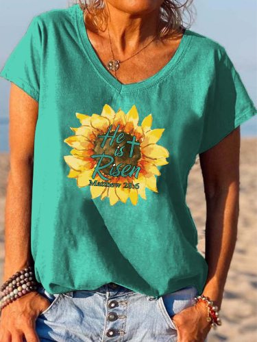 He Is Risen Matthew 28:6  With Sunflower Print Bible Verse Shirt V-neck T-Shirt