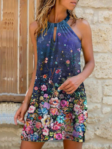 Summer Dress for women Casual Metal Hanging Neck Floral Print Strapless Dress