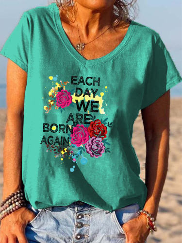 Each Day We are Born agion Loose Cutting Cotton V-neck T-Shirt