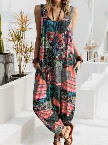 Abstract Print Loose Casual Wide Leg Pocket Jumpsuit