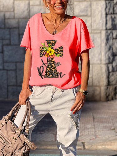He is Risen Leopard Cross Print Women's Causal Loose Short Sleeve Top Spring Plus Size Shirt