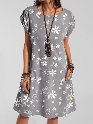 Small wrinkle chrysanthemum print round neck short sleeve pocket dress