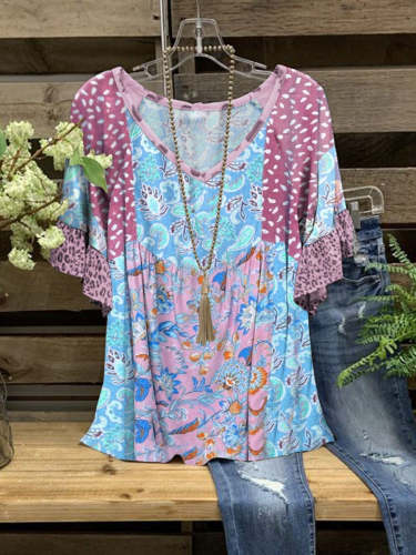 Women's Casual Floral Patchwork Print V-Neck Loose Top