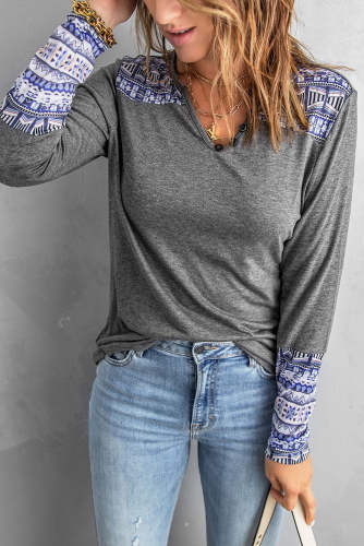 Casual Gray Aztec Western Style V Neck Long Sleeve Top