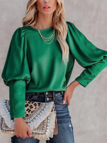 Women's Green Satin Blouse Puff Sleeve Party Blouse Top