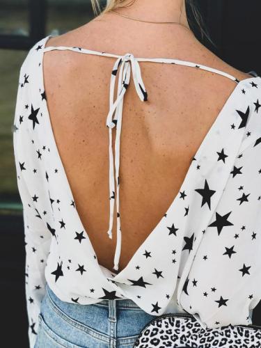 Women's Loose Blouse V-Neck Star Print Backless Chiffon Blouse Top