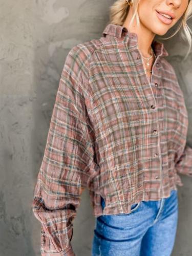 Women's Loose Blouse Shirt Plaid Bat Long Sleeve Lapel Top
