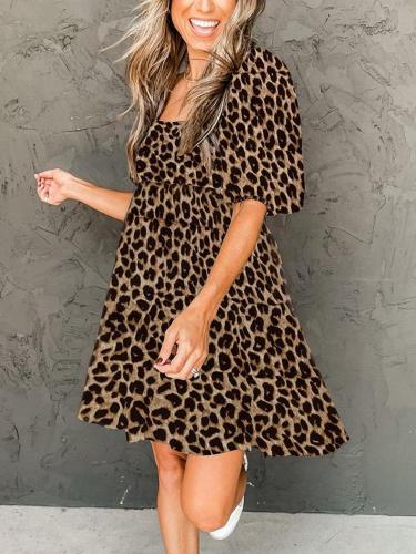 Women's Casual Leopard Printed U-Neck Mini Dress