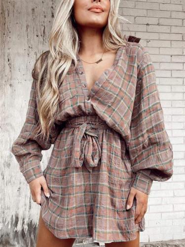 Women's Mini Dress Plaid Print Puff Sleeve Button Down Lapel Lace Up Party Holiday Dress
