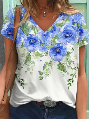 Women Casual Loose Short Sleeve Top Floral Art Painting T Shirt V Neck T-shirt Retro Blouse