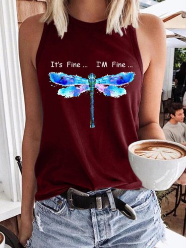 Dragonfly I Am Fine Tank Top Graphic Casual Sleeveless Vest