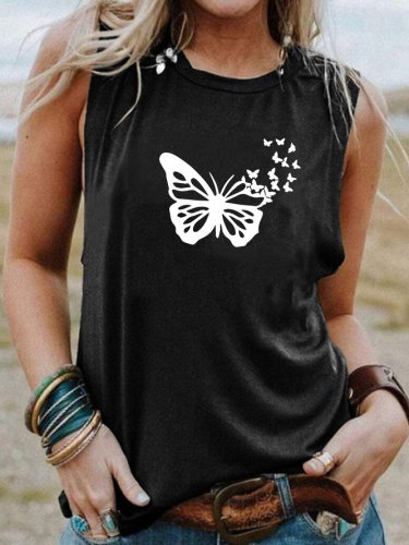 Butterfly Funny Print Crew Neck Casual Tank