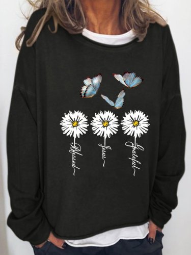 Casual Daisy Religious Butterfly Print Sweatshirts