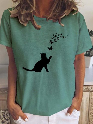 Casual Simple Butterfly Cat Print T-Shirt