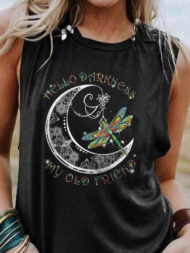 Hello Darkness My Old Friend Dragonfly And Moon Graphic Short Sleeve T Shirt