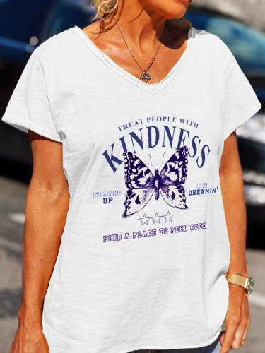Treat People With Kindness Butterfly Print V-neck T-shirt