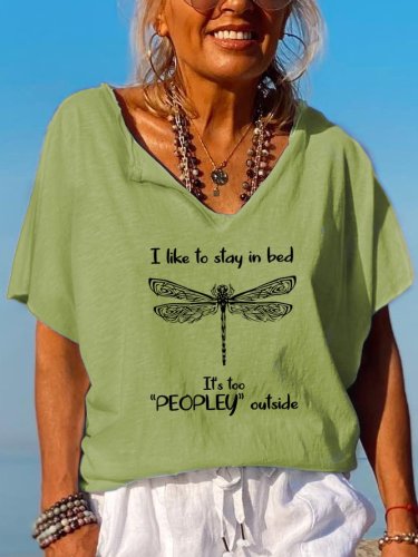 I Like To Stay In Bed Dragonfly Print T-Shirt
