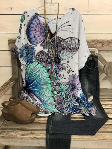 Women's Butterfly Art Flower Casual Top