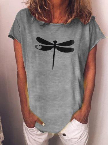 Dragonfly Printed O-Neck Short Sleeve Gray T-Shirt Top