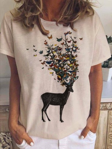 Casual Simple Deer Butterfly Print Crew Neck T-Shirt