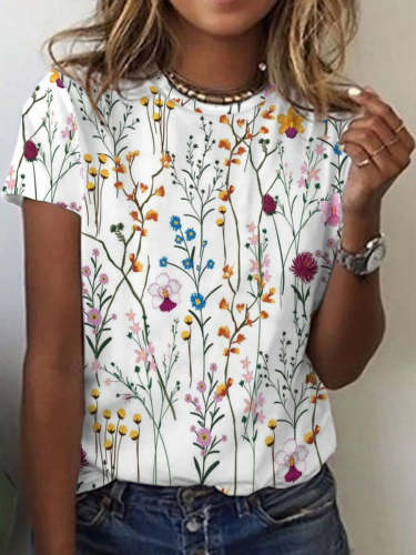 Spring Floral Print Crew Neck Casual Short Sleeve T-shirt