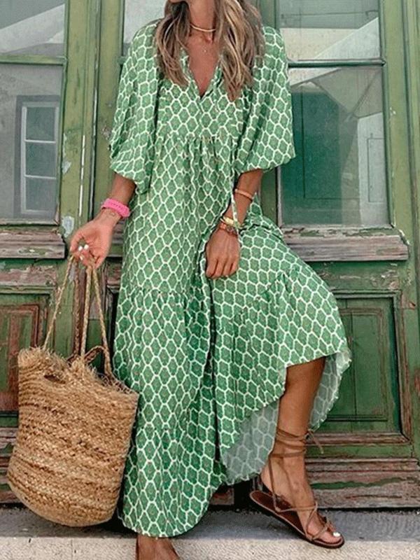 Women's Maxi Dresses Green Printed Long Sleeve Loose Bohemian Dress
