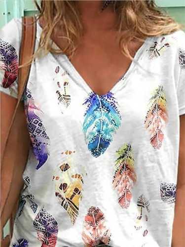 Women's Floral Theme T shirt Leaf V Neck Basic Tops White / 3D Print