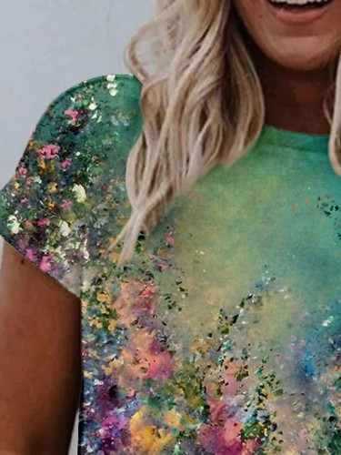 Women's Floral Theme Abstract Painting T shirt Floral Graphic Print Round Neck Basic Vintage Tops Green / 3D Print