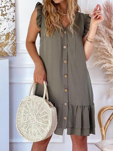 Solid Color Sleveless V-Neck Button Down Mini Holiday Dress