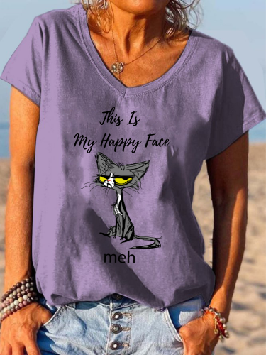 Grumpy Cat This is My Happy Face Shirt For Sweet Old Lady Loose Cutting V-neck T-Shirt