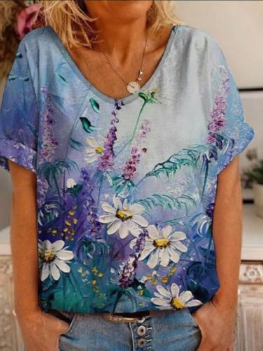 Women's Floral Theme Abstract Painting T shirt Floral Print V Neck Basic Tops Green Purple Light Green / 3D Print