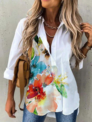 Loosen Floral Print Shirt Collar Long Sleeve Tops