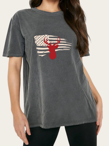 American Flag Deer Washed Vintage Black Color For Women Print Tee