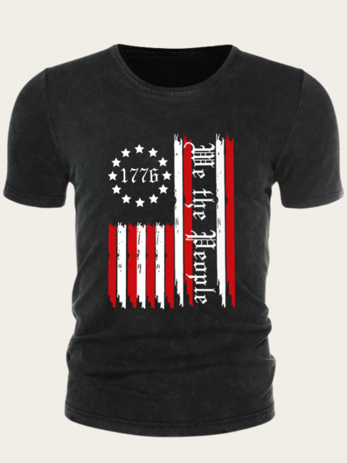 American Flag We the People Washed Vintage Black Color For Men Slim Cutting Print Tee