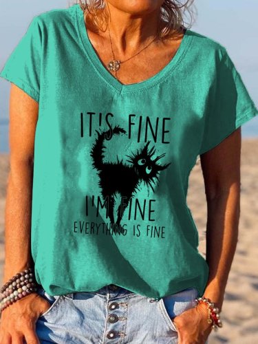 It's Fine I'm Fine Everthing Is Fine Cat Print T-shirt