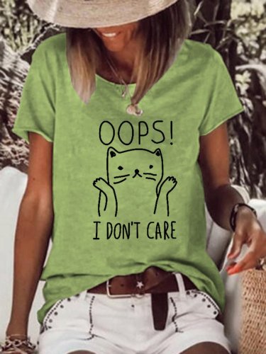 Oops I Don't Care Cat Cotton Blends Casual Short Sleeve T-Shirt