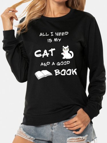 Unocis Cat Print Round Neck Long Sleeve Sweatshirts