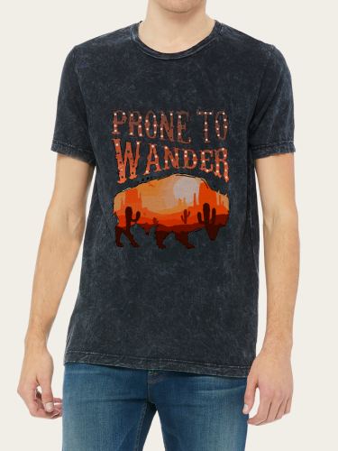 Prong To Wander Cow Shirt Washed Vintage Black Color For Men Slim Cutting Print Tee