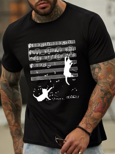 Funny Cat Music Casual  Short Sleeve Crew Neck Shirts & Tops