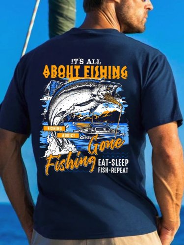 Casual Funny Fishing Back Print Crew Neck T-Shirt
