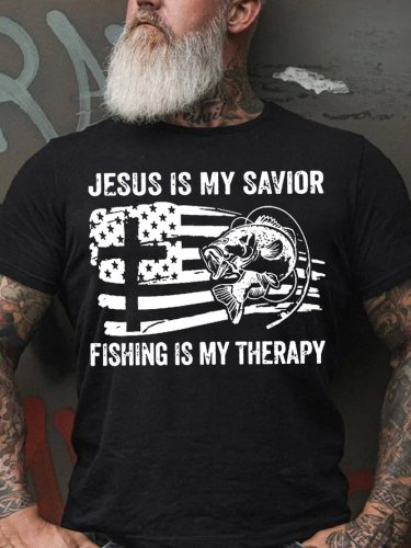 Mens Jesus Is My Savior Fishing Is My Therapy Casual Round Neck Cotton Short Sleeve T-Shirt