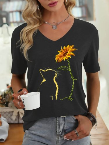 Cat You Are My Sunshine Sunflower Women V Neck T-Shirt Top