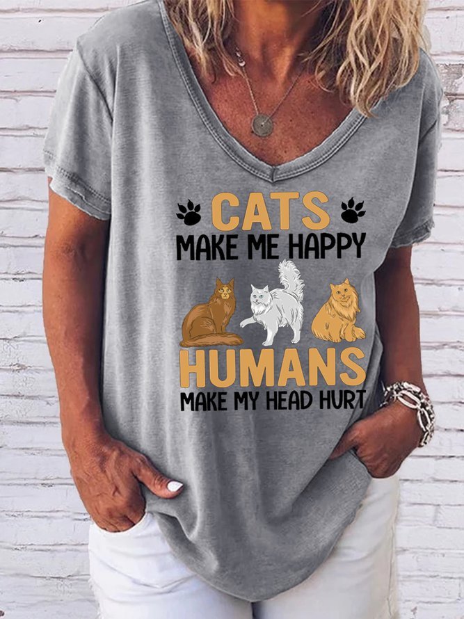 Funny cat print V-neck short-sleeved T-shirt