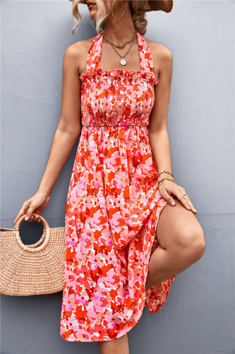 Women's Boho Dress Ruffled Halterneck Floral Print Midi Beach Holiday Dress