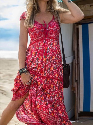 Women's Boho Beach Dresses Printed Sling V-Neck Maxi Dress