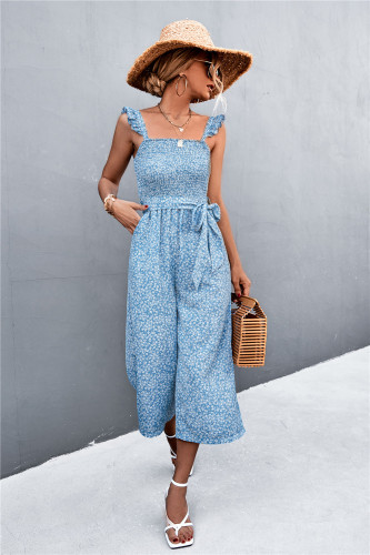 Women's Jumpsuits Floral Printed Flyer Sleeve Belted Jumpsuit