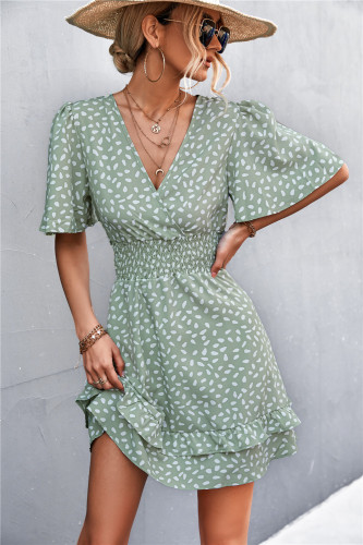 Women's Boho Dress V-neck Ruffle-Sleeved Waist Wrap Mini Dress